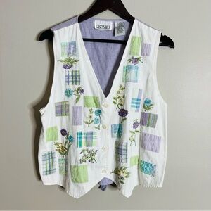 Vintage Casey & Max Size Large Cotton Embroidered Cottage Patch Floral Vest Z16